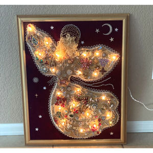 Vintage Jewelry Framed Art Lighted Christmas Angel OOAK Brooches 18"x22"